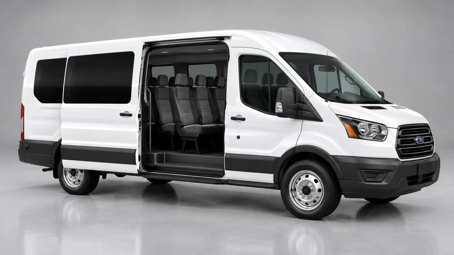 White 2023 Ford Transit van with the sliding door open and passenger seats visible
